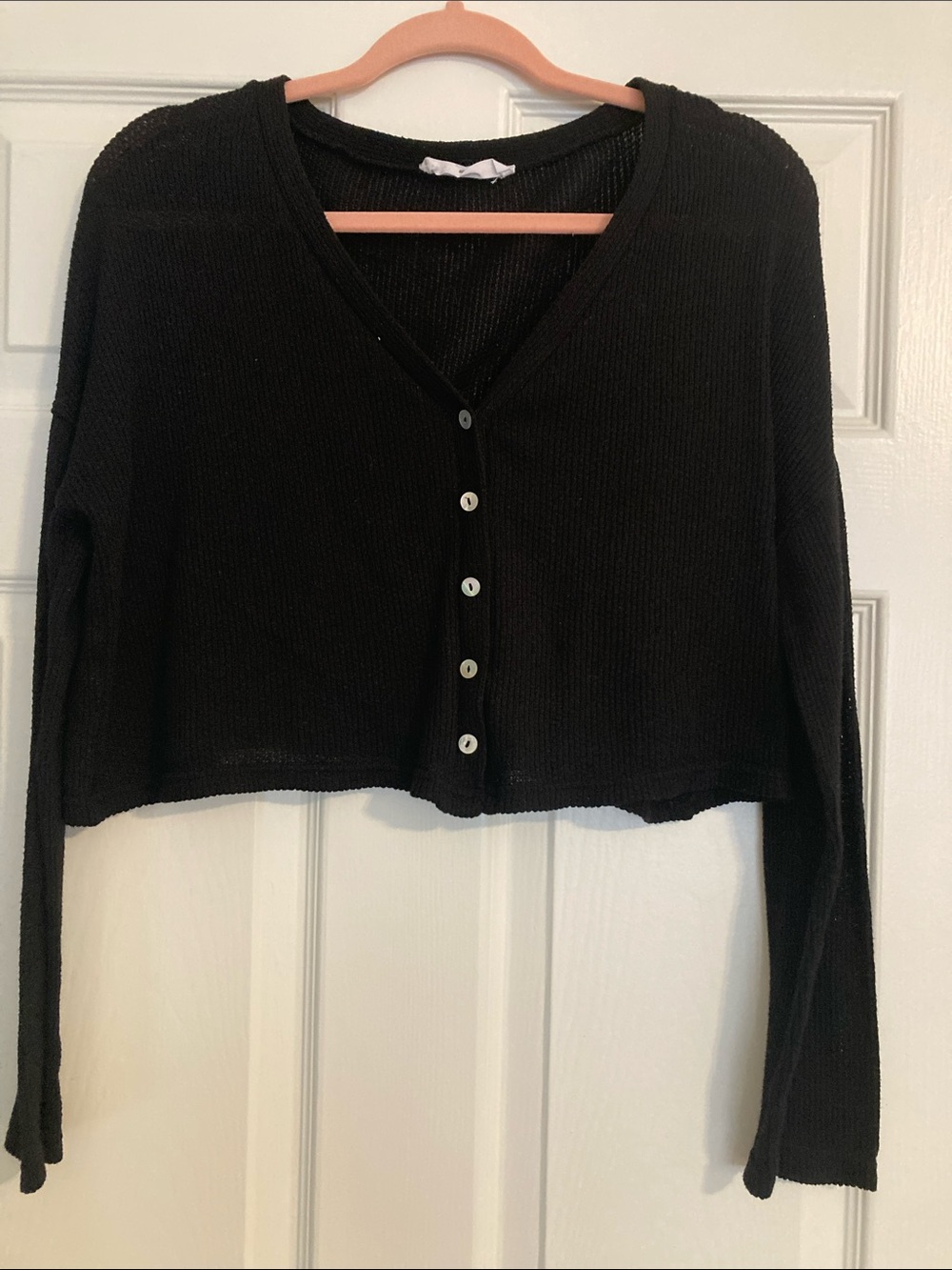 Black Vneck Cropped Long Sleeve Ribbed Cartigan Medium Lightweight
